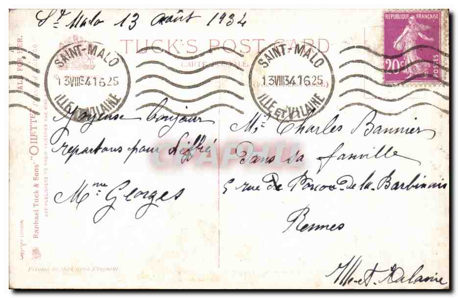 Bébé dans son lit — 'All for her' — Tuck's Post Card, éd. par Raphael Tuck & Sons, Londres — Achterkant