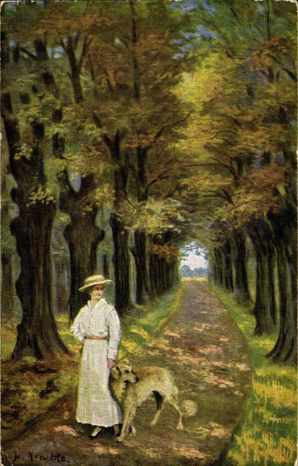 CPA Fantaisie Femme et levrier (chien dog)
