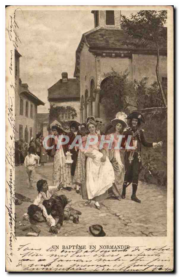 CPA Fantaisie Un bapteme en Normandie (folklore coiffe costume)