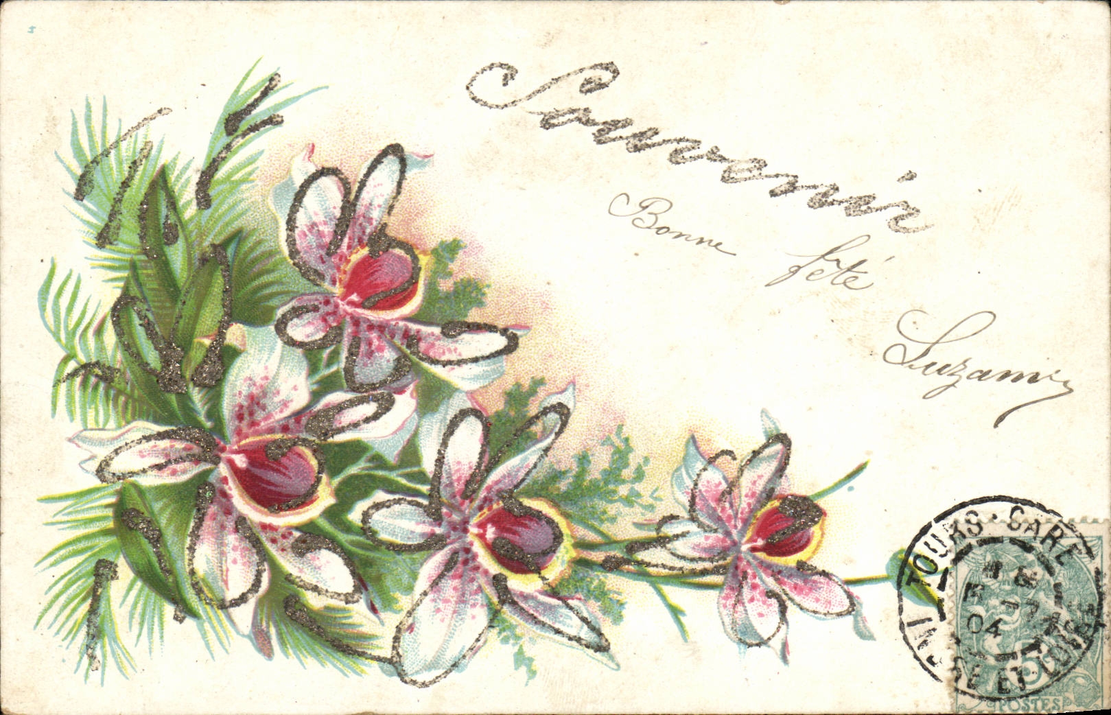 CPA Fantaisie Fleur Souvenir (brillants incrustes)