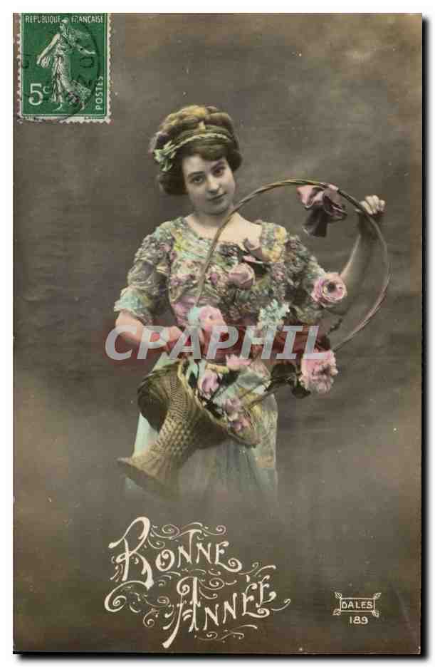 Femme tenant un panier de fleurs — 'Bonne Année' — Dales 189