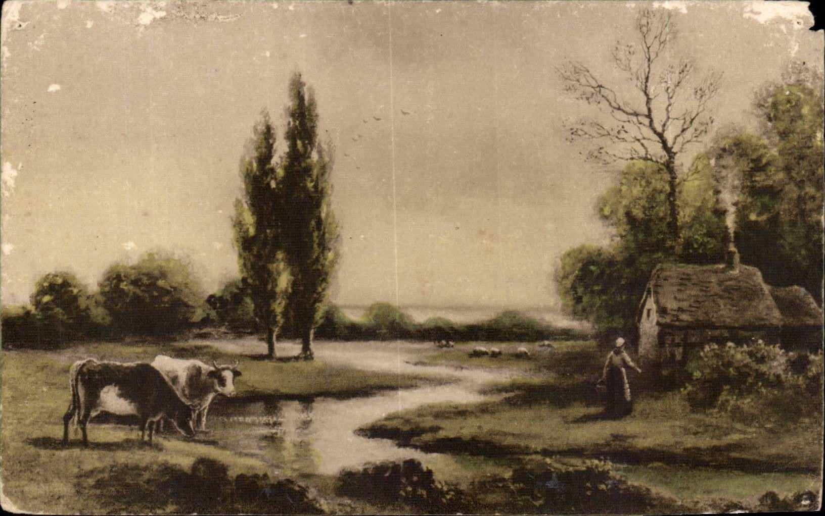 Paysage rural avec vaches et fermier — éditeur non identifié