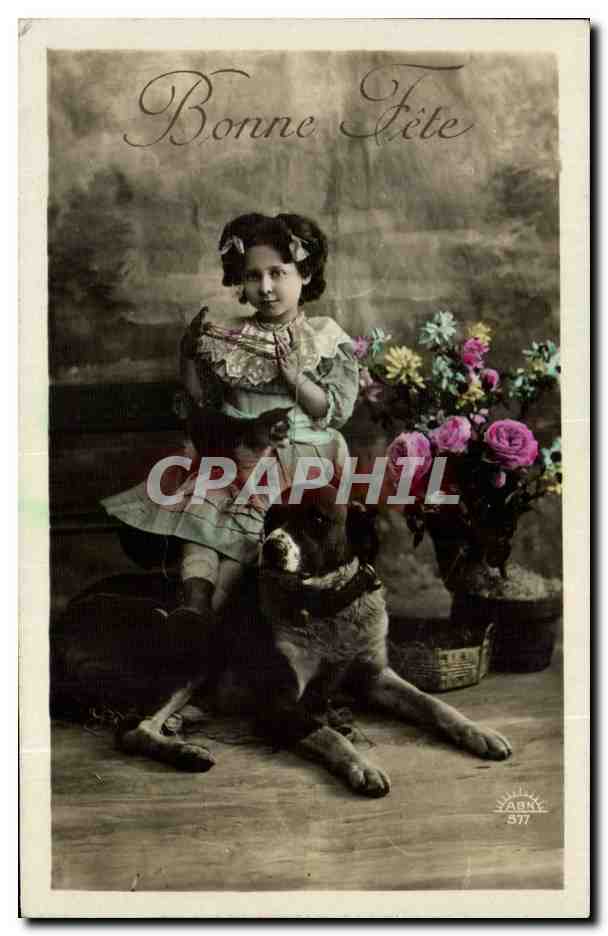 CPA Fantaisie Enfant et chien (dog) Bonne fete Chat cat