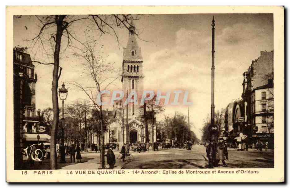 Paris CPA La vue de quartier 14eme Eglise de Montrouge et avenue d'Orleans