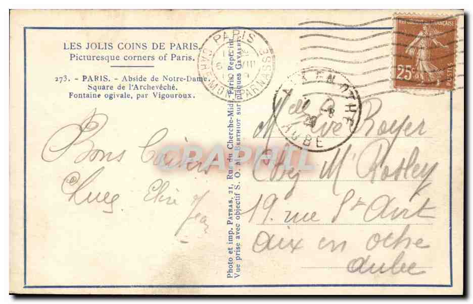 Paris CPA Abside de Notre Dame Square de l'archeveche Fontaine ogivale par Vigouroux — Verso