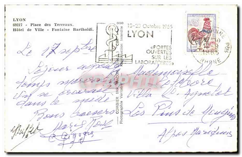 Lyon - Place des Terreaux - Hôtel de Ville et Fontaine Bartholdi — éditée par R. Cim — Verso