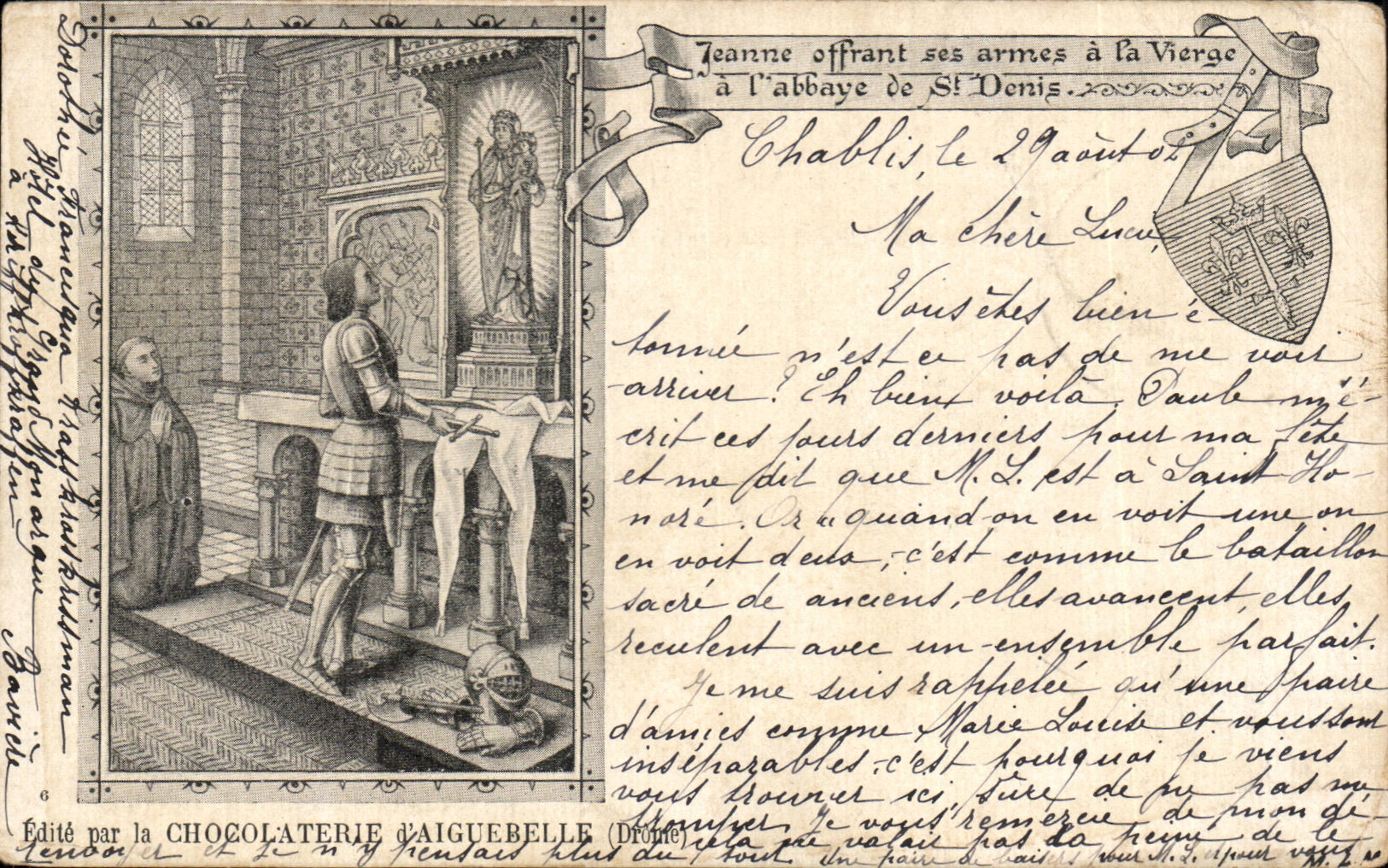 Jeanne offrant ses armes à la Vierge — à l'abbaye de St Denis — éditée par la CHOCOLATERIE d'AIGUEBELLE (Drome)