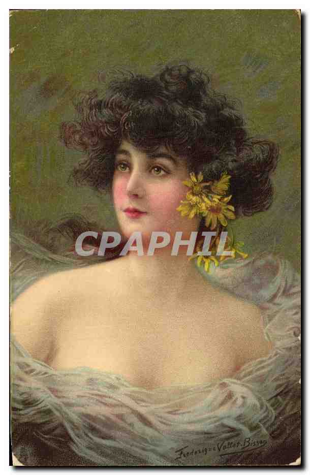 Jeune femme aux cheveux bouclés — fleurs jaunes dans les cheveux — Frederique Valtes-Bisson