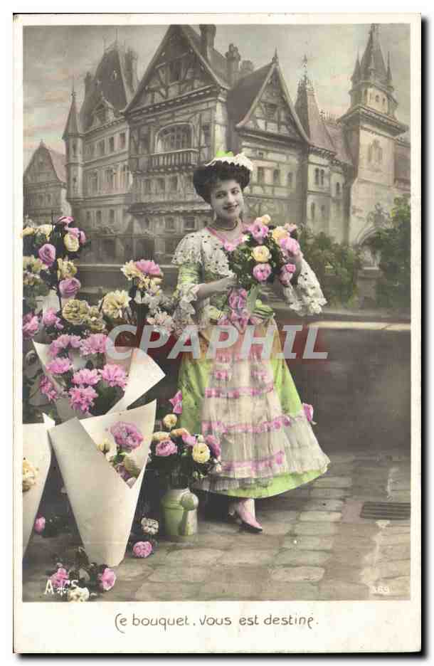 Femme avec bouquet de fleurs — devant un château — éditeur A. S. n° 150