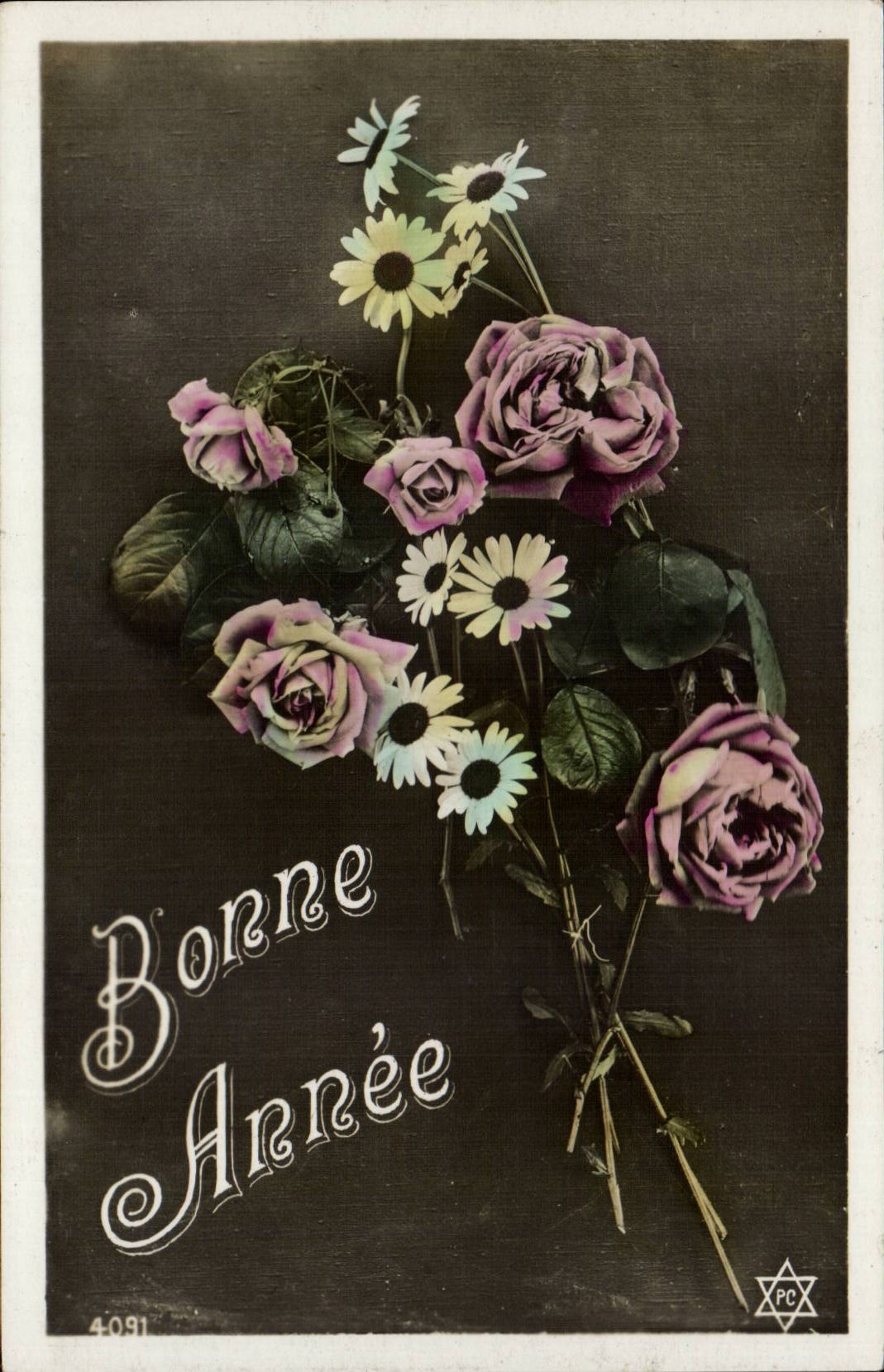 CPA FAntaisie Fleurs Bonne annee