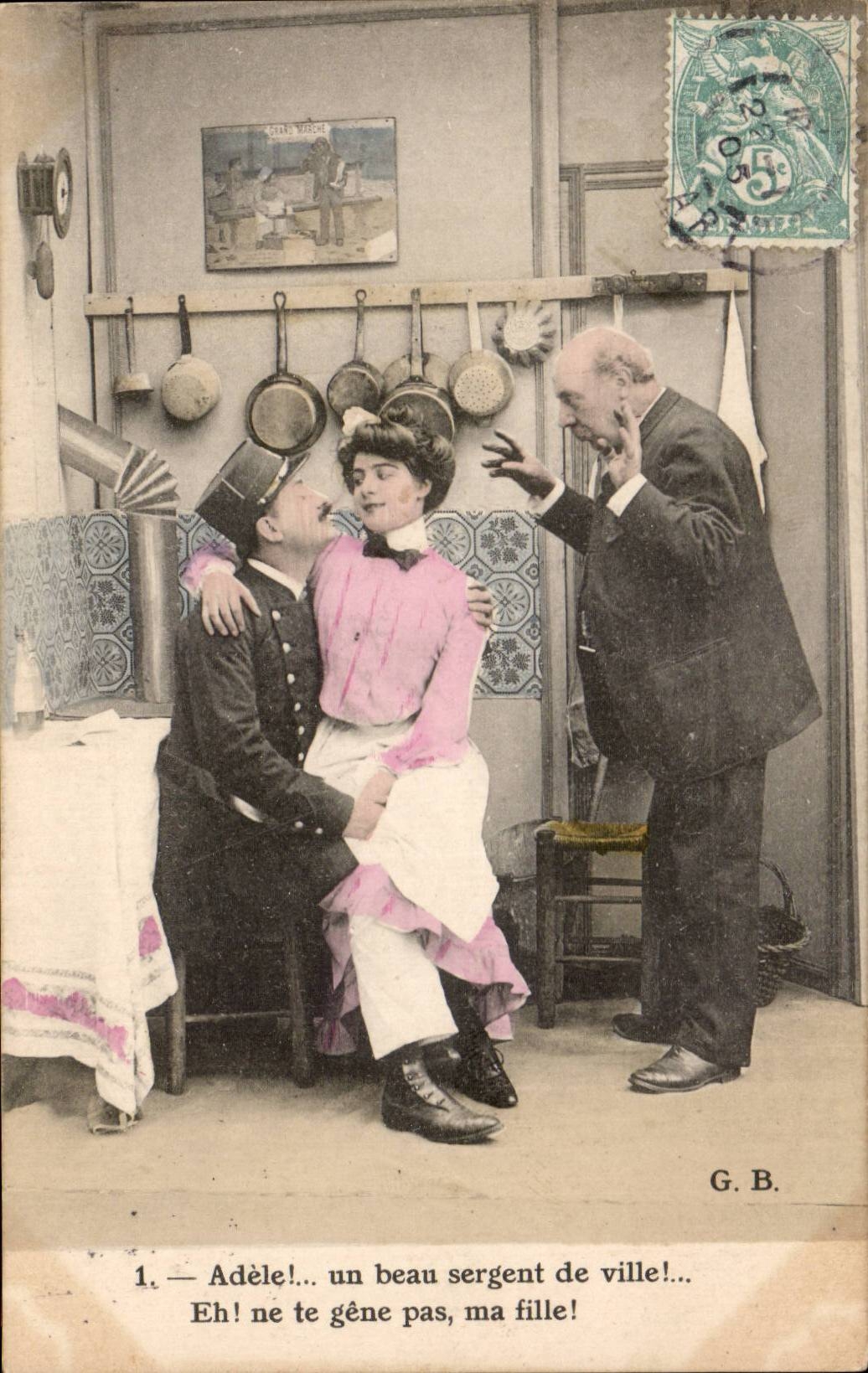 Scène comique — Soldat et femme en cuisine — G.B.