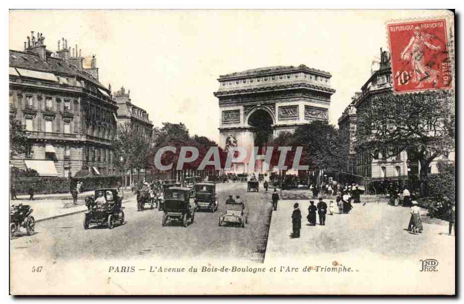 Paris CPA Avenue du Bois de Boulogne et l'arc de triomphe