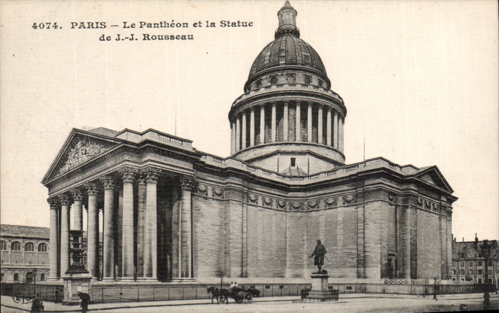Paris CPA Le Pantheon et la statue de JJ Rousseau