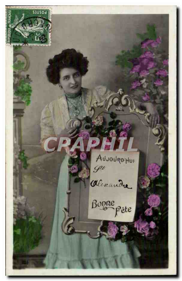Femme avec cadre floral — 'Aujourd'hui je souhaite à Alexandrine Bonne fête' — éditeur non visible