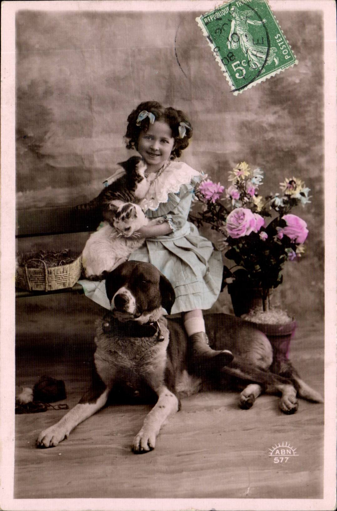 CPA Fantaisie Enfant Chat Chien (dog cat)