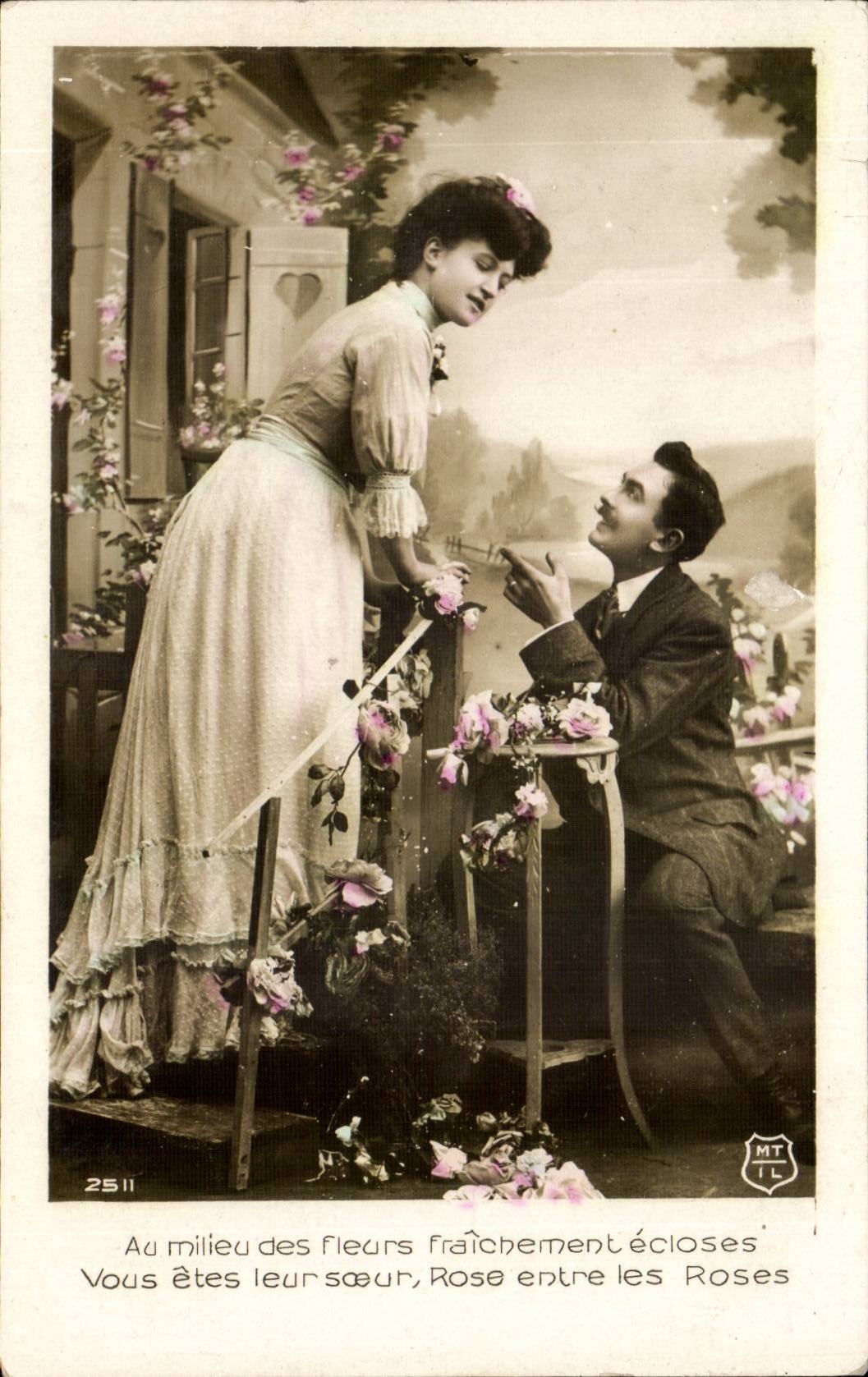 Jeune femme et homme en scène romantique — texte imprimé — éditeur MT TL n°2511