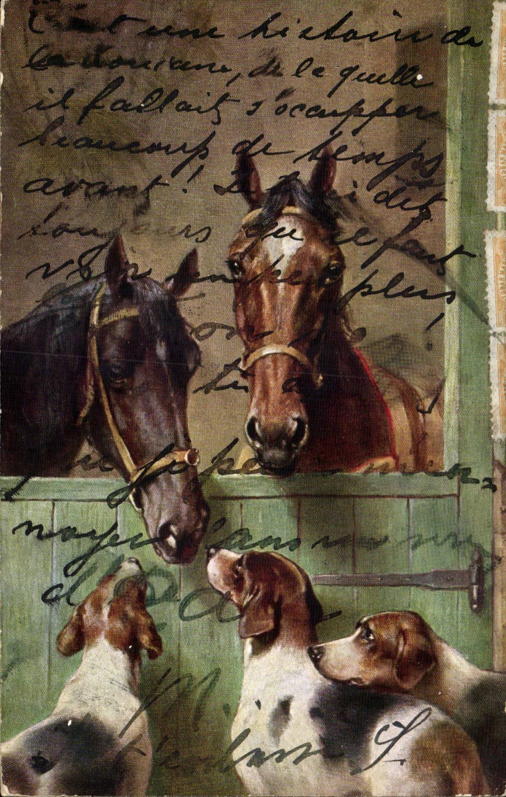 Chevaux et chiens de chasse — scène de ferme — éditeur non identifié