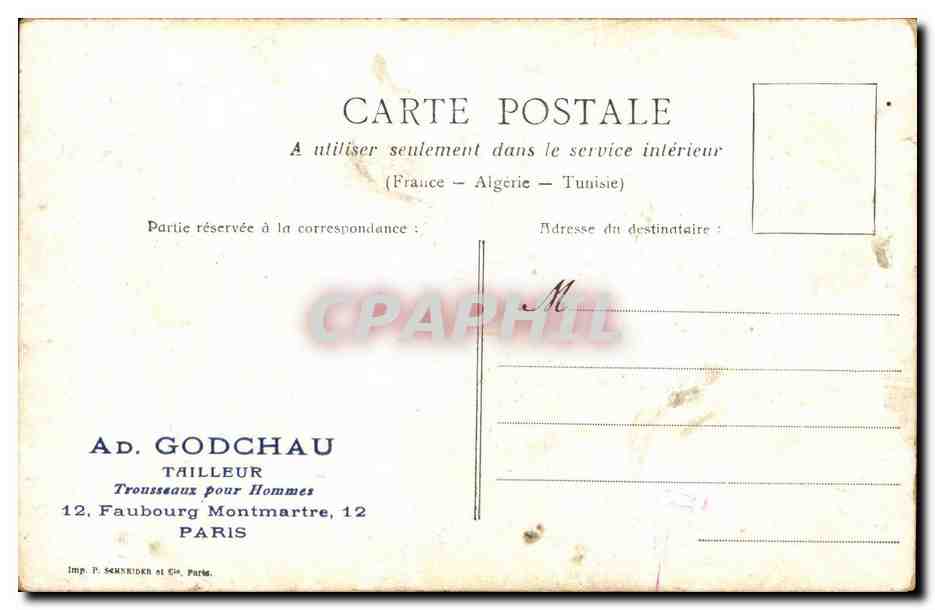 Paris CPA Notre Dame (publicite Godchau Tailleur Trousseaux pour hommes Faubourg Montmartre) — Rückseite