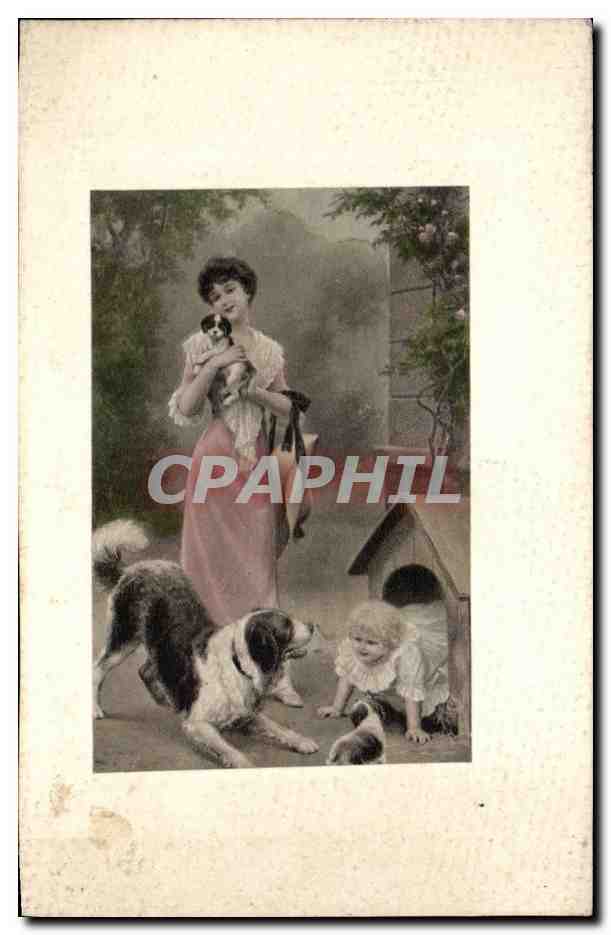 CPA Fantaisie Femme et enfant Chien et chiot (dog)