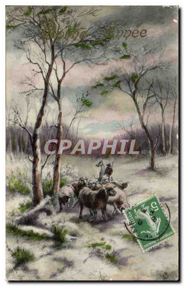 CPA Fantaisie Paysage Boeuf Troupeau d'elevage