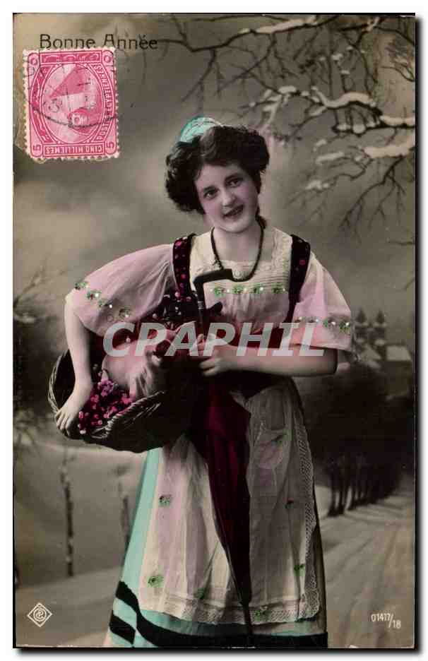 Jeune femme en tenue de paysanne tenant un panier — Bonne Année — Éditeur : C. MILITINES, n° 01437/18