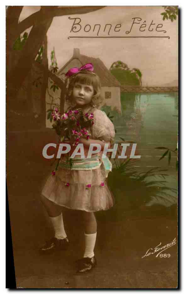 Fantaisie - Enfant - charming little girl clutching bouquet - Bonne Fete - CPA 