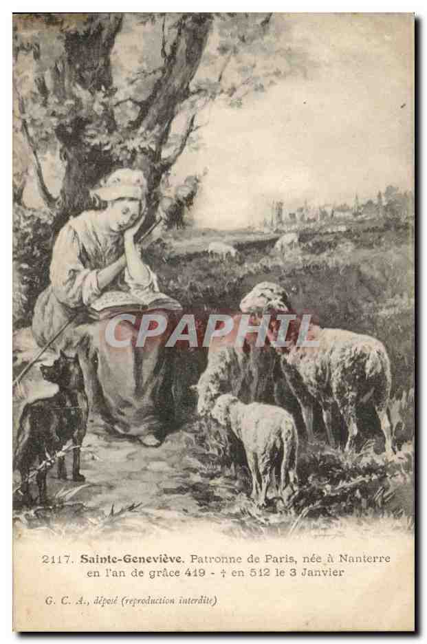 Fantaisie - Femme - Bergere et troupeau - mouton - sleepy shepardess with her flock - CPA 