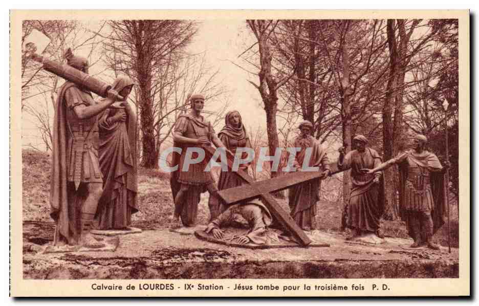 Lourdes - Calvaire du Lourdes - IX Station - Jesus tombe pour la 3e fois - CPA 
