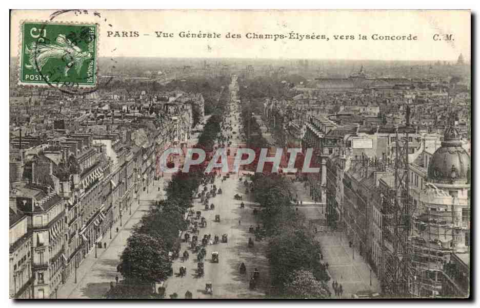Paris - 8 - Vue Generale des Champs Elysees vers la Concorde CPA 