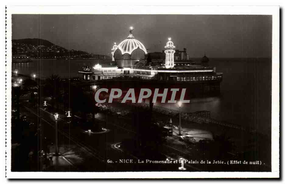 Nice - Effet de Nuit - La Promenade et le Palais de la Jetee - CPA 