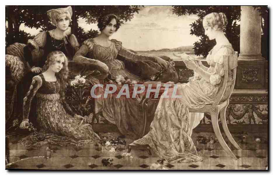 Quatre femmes en tenue d'époque — scène de jardin — Cartolina Postale, Paris