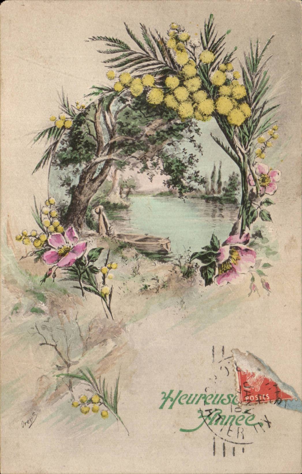 Fleurs - Flowers - Flowered Wreath and country scene - CPA 