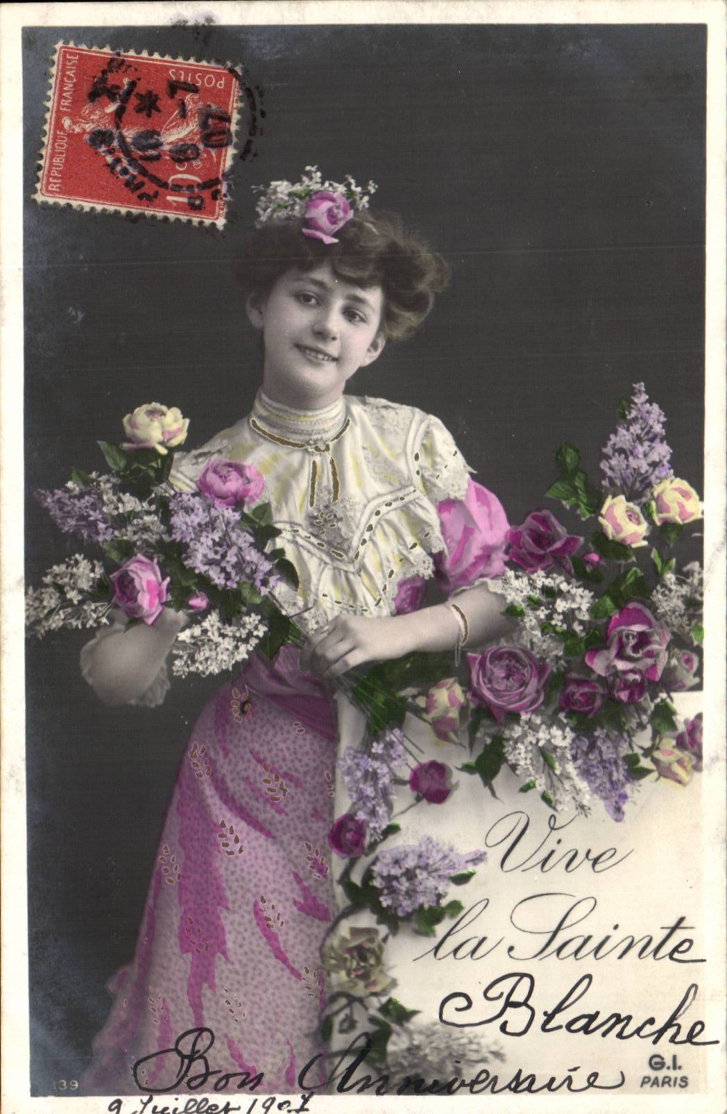 Fantaisie - Enfants - Young girl with sparkling smile Vive la sainte blanche - CPA 