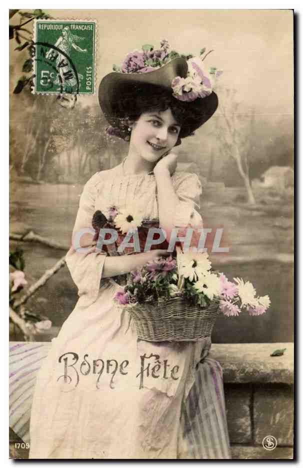 Femme en chapeau fleuri tenant un panier de fleurs — Bonne Fête — éditeur S. n°1709