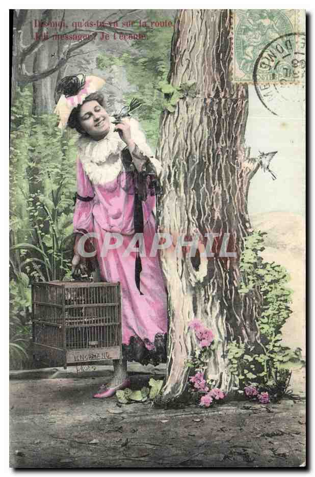 Femme en robe rose avec cage à oiseaux — scène forestière — Lengorme & Léonard, n° 2