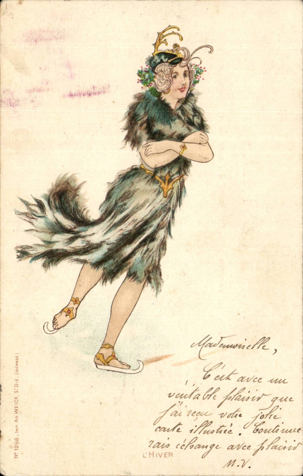 Mujer en traje de invierno — deslizándose sobre patines — editor A. WEICK, n° 1268