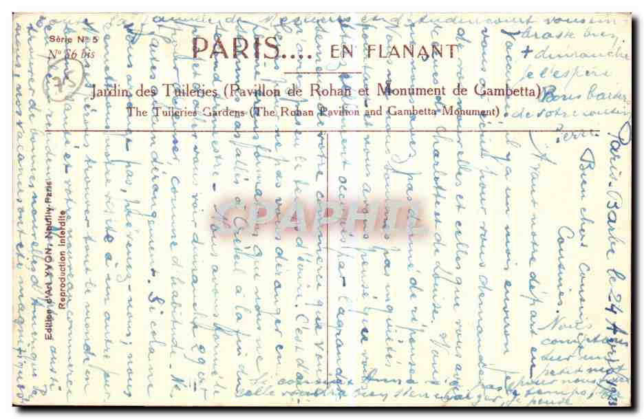 Paris - 1 - Jardin des Tuileries - Pavillon de Rohan et Monument de Gambetta - CPA  — Rückseite