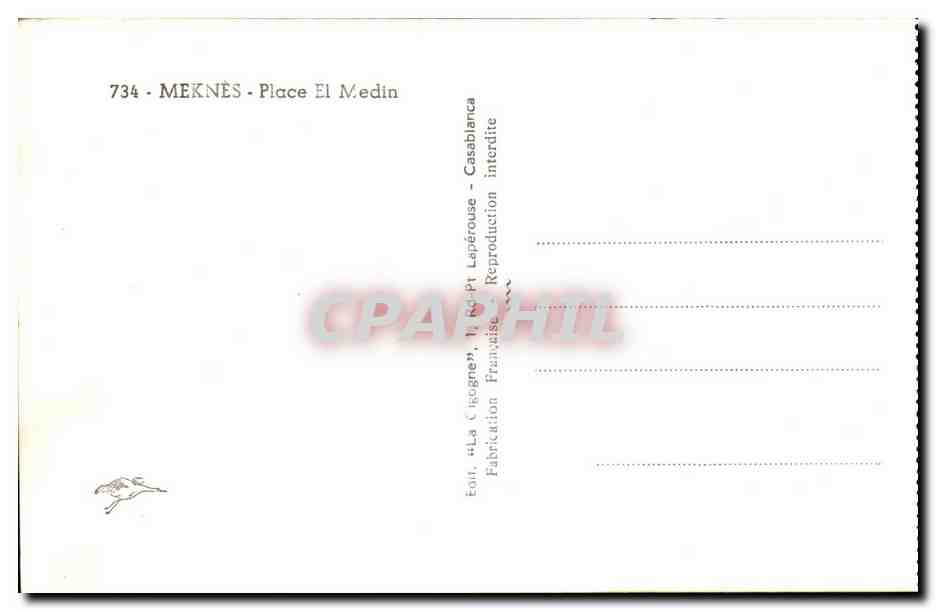 Meknès — Plaza El Medin — Editor La Cigogne, n°734 — Reverso