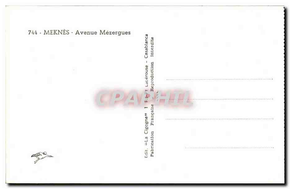 Meknès - Avenue Mézergues — vue aérienne — Édit. « La Cigogne » — Rückseite