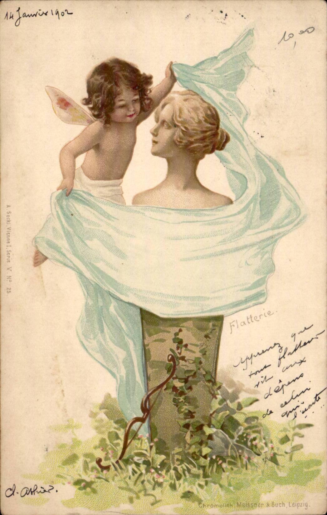Fantaisie - Ange - Angel - Engel - Little cherub wrapping statue in cloth - CPA 