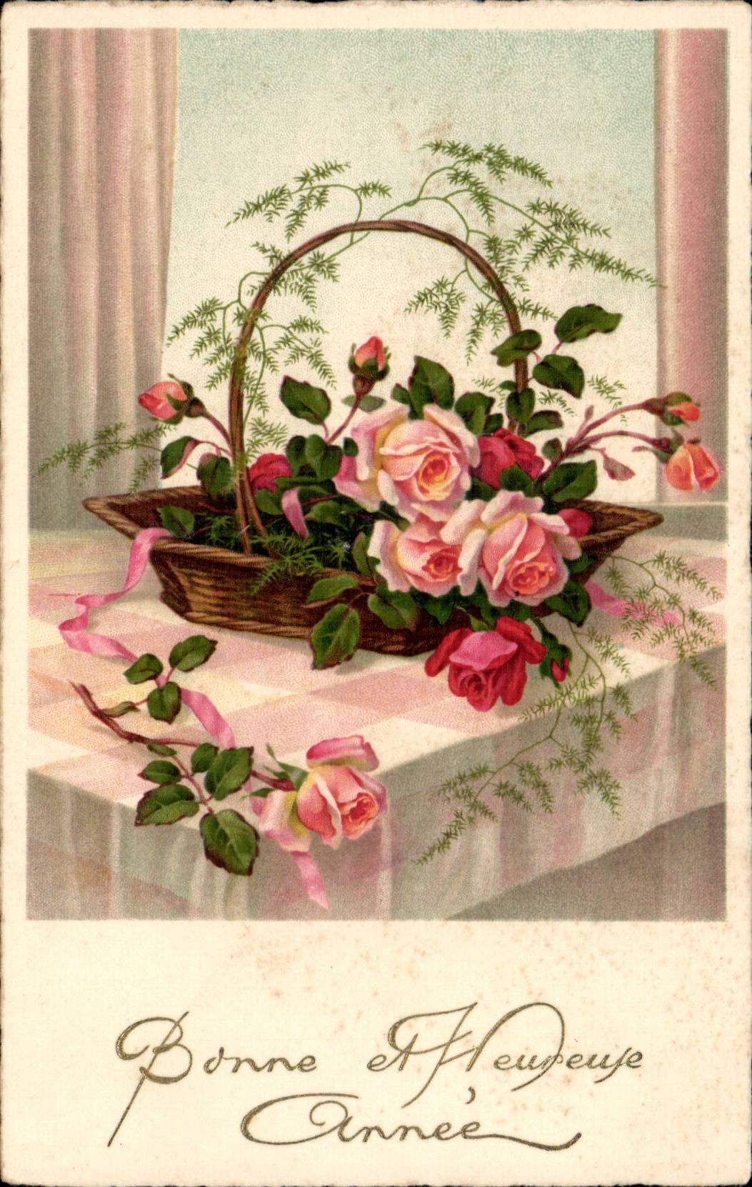 Fetes - Bonne Anne - Roses - pretty basket of flowers - CPA 