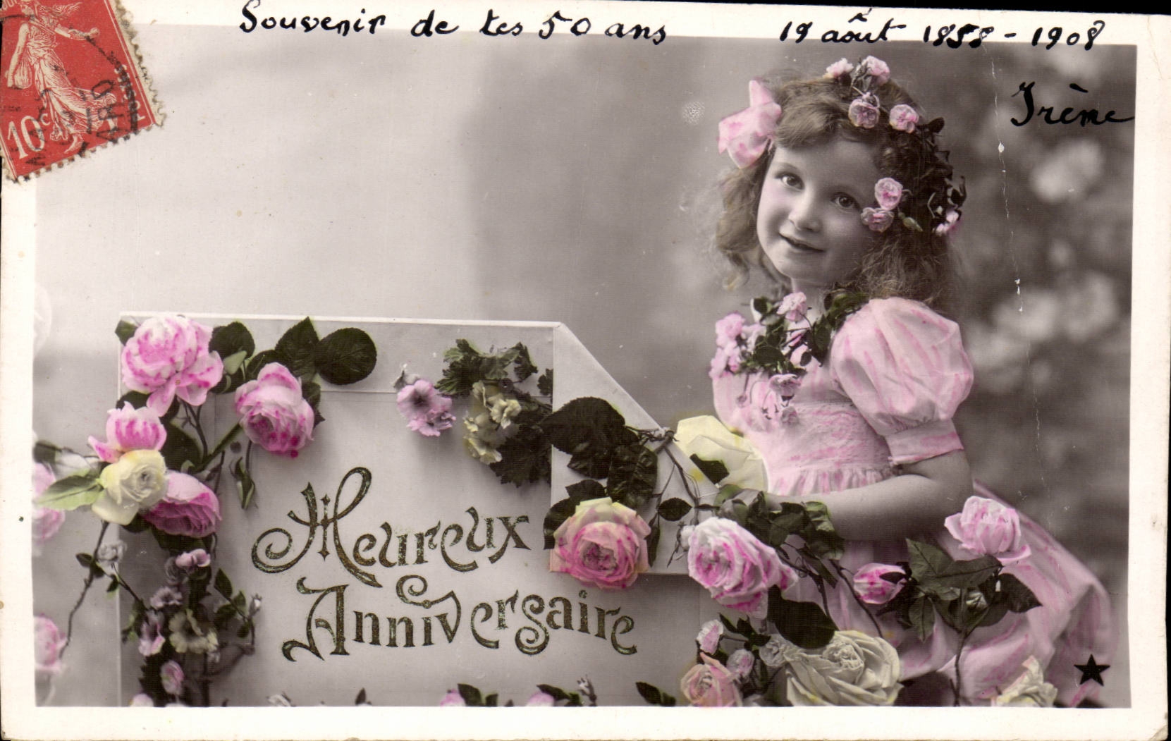 Fantaisie - Enfant - Fille - Little Girl with roses in curly hair - CPA 