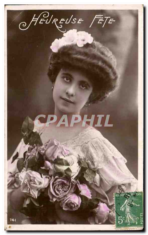 Femme en chapeau à fleurs — Heureuse Fête — série 74-1, éditée par CPAPHIL