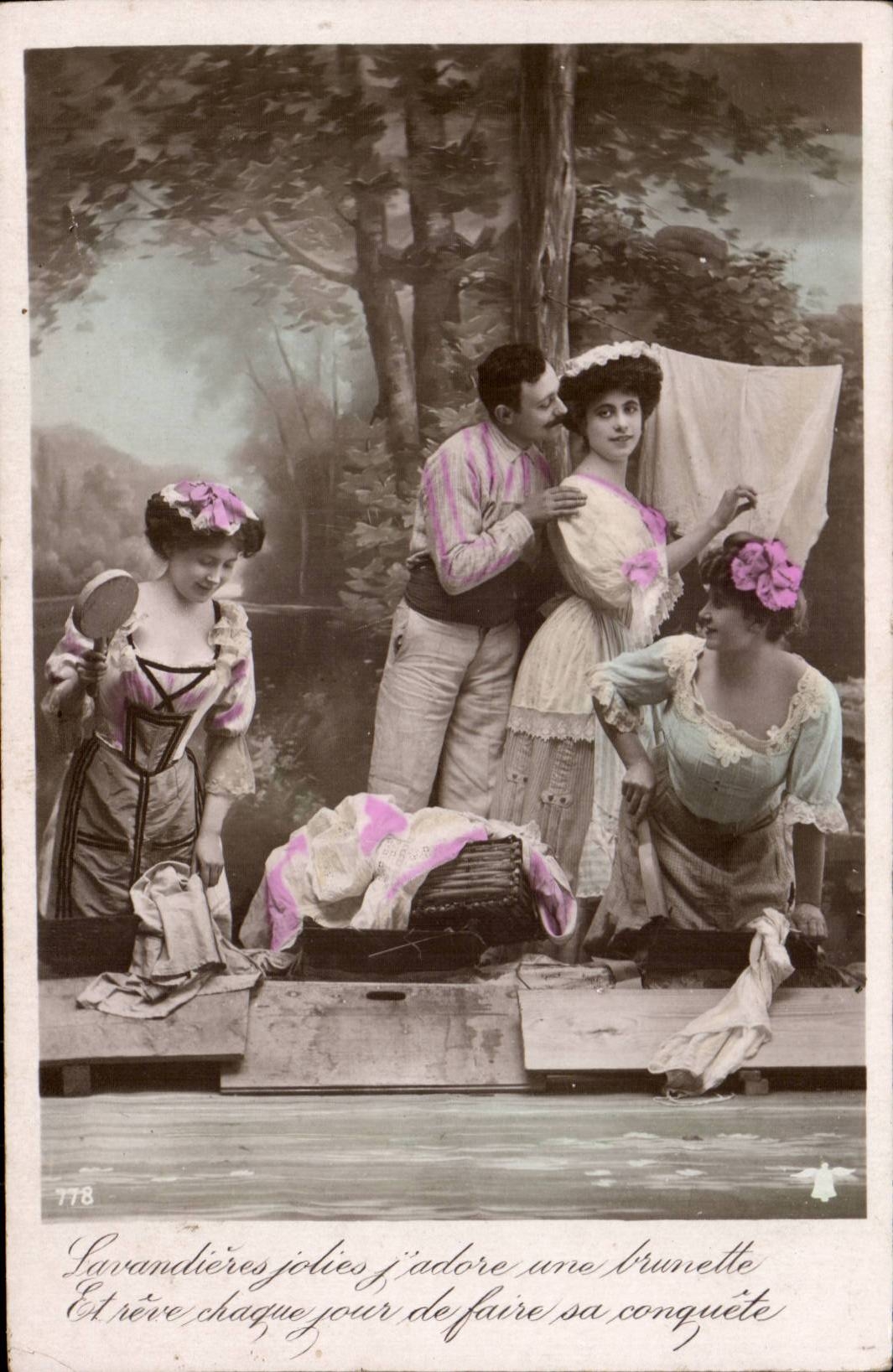 Savandières jolies j'adore une brunette — scène de lavandières — éditeur non visible, n° de série 778