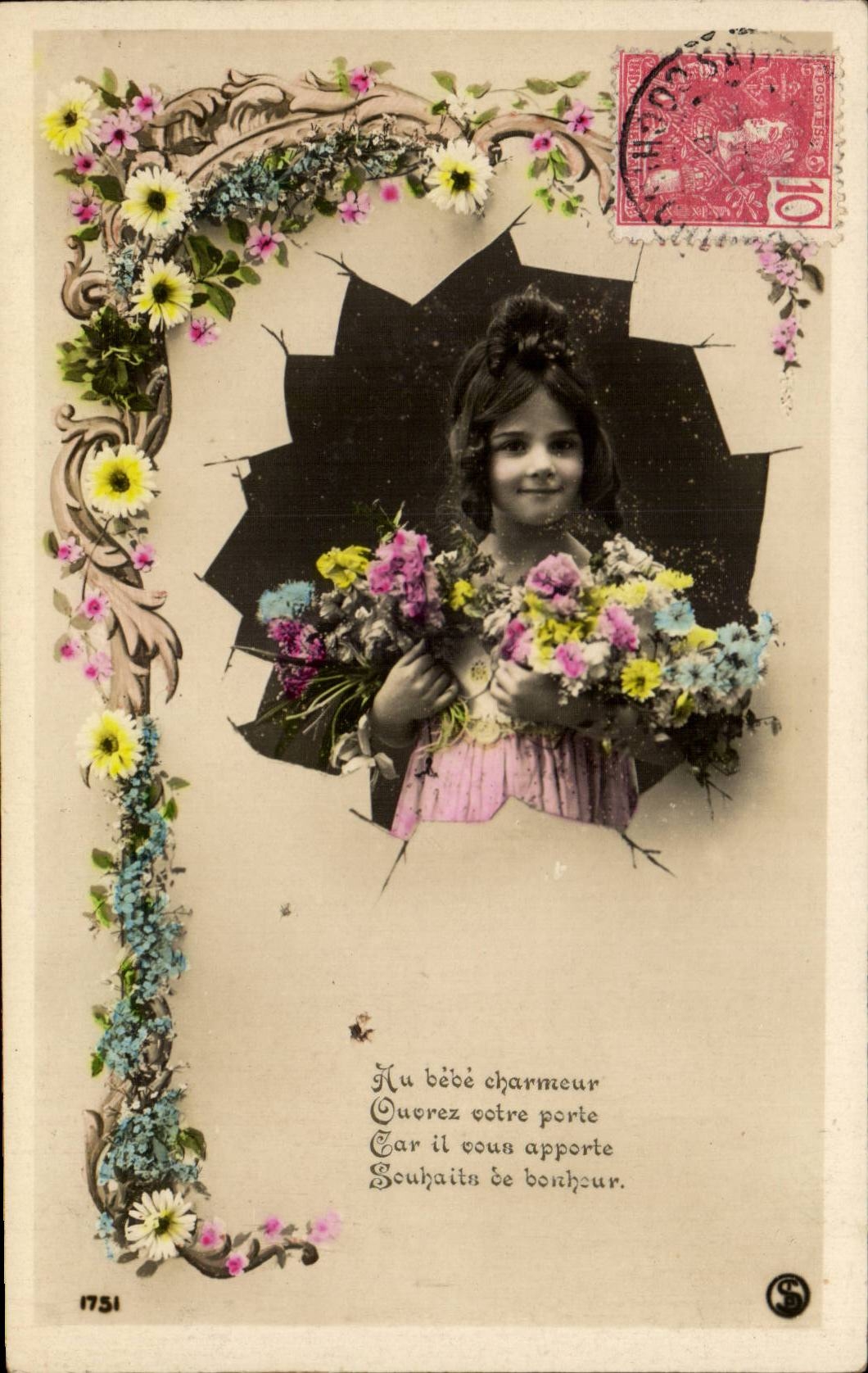 Fantaisie - Enfant - Fille - Girl with bouquet - CPA (timbre Indochine Saigon)
