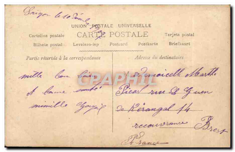 Fantaisie - Enfant - Fille - Girl with bouquet - CPA (timbre Indochine Saigon) — Rückseite