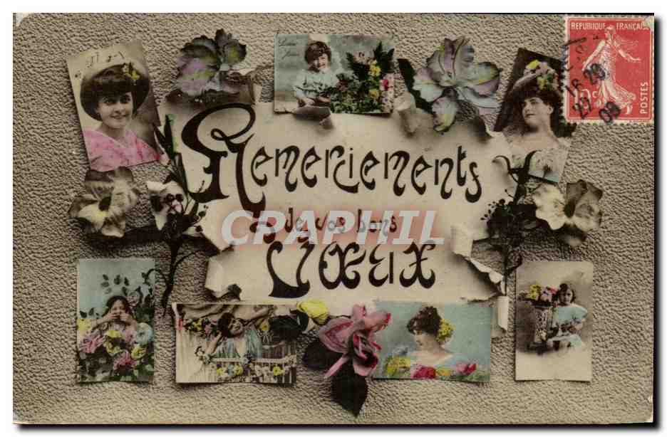Félicitations — Carte décorée de photos de jeunes femmes et de fleurs — éditeur inconnu