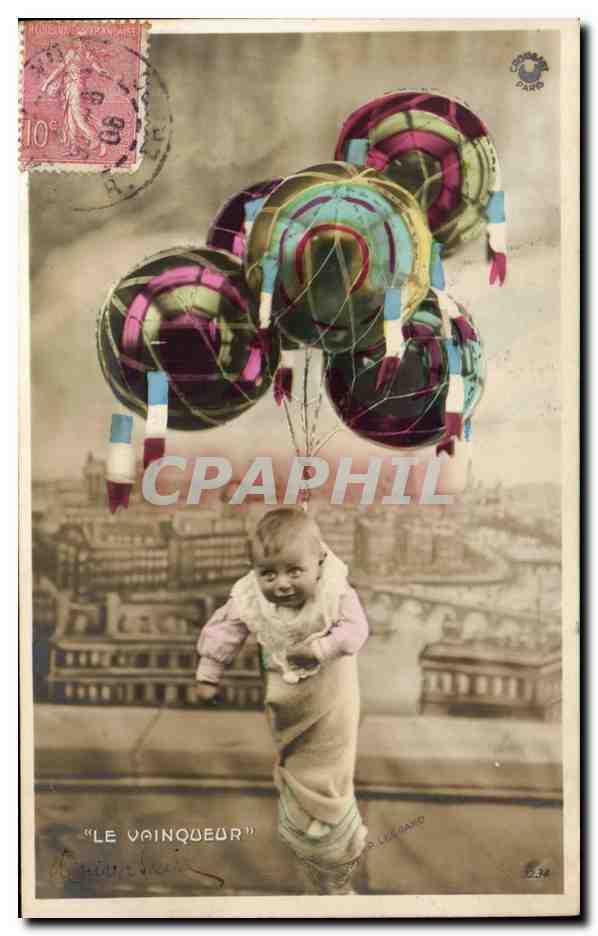 Fantaisie - Enfant - bebe - baby flying away with balloons - CPA 