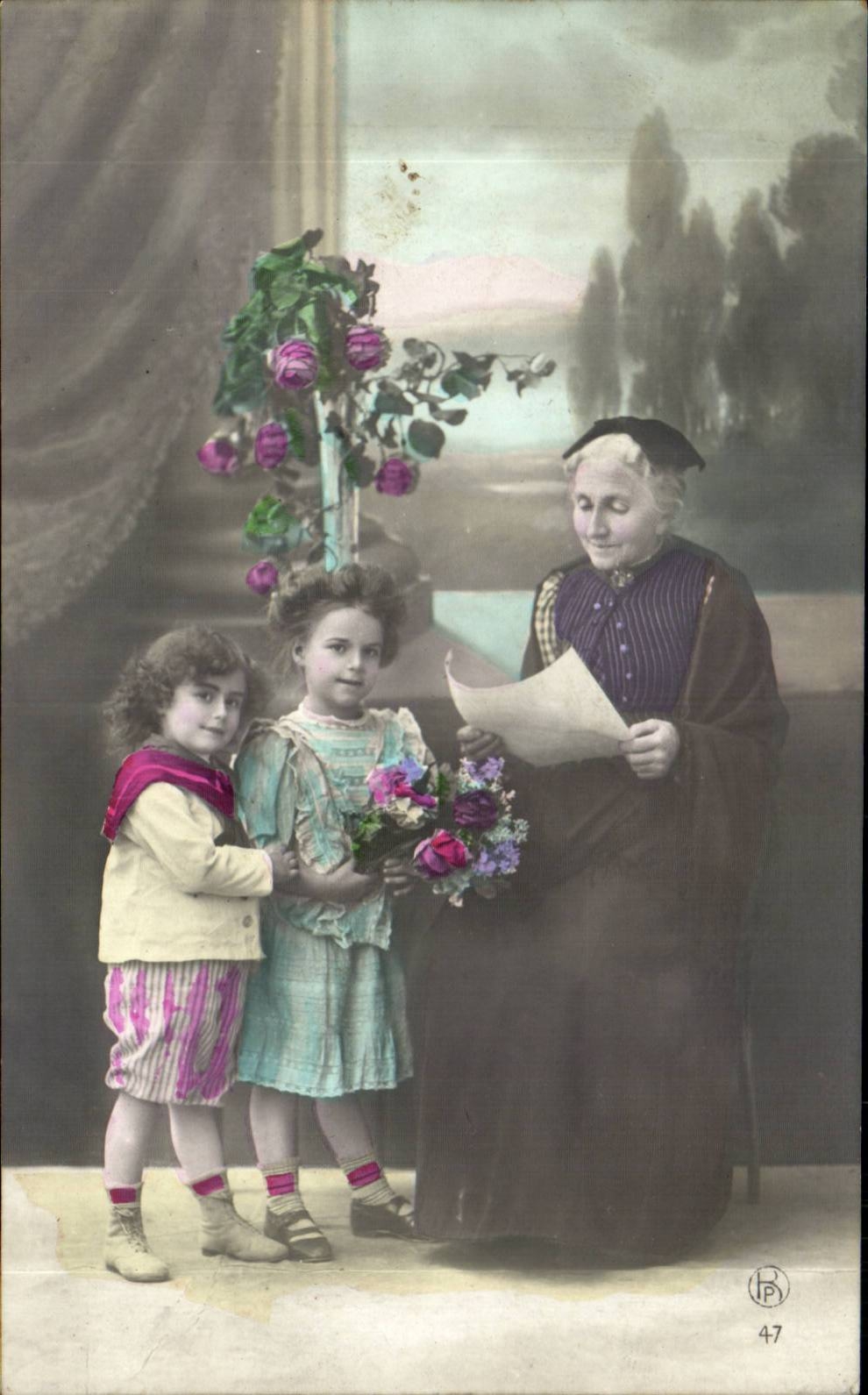 Fantaisie - Enfant - Children visiting grandmother - CPA 