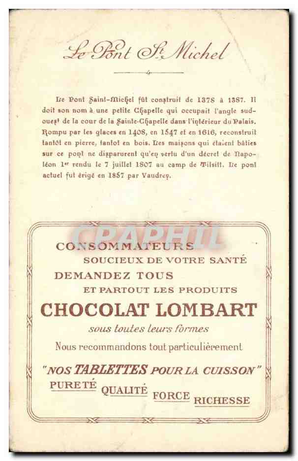El Puente Saint-Michel en 1390 — Edición del Chocolate Lombart — Serie de los Puentes de París — Reverso